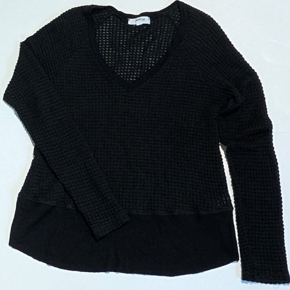Hash Tag Women's Open Knit Mesh V-Neck Black Long Sleeve Shirt, Extra Small